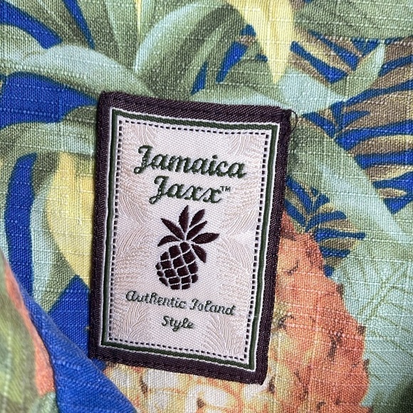 JAMAICA JAXX Men’s Silk Camp Collar Hawaiian Fern Pineapple Print Shirt Blue L - Picture 10 of 12
